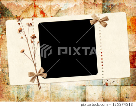 Nostalgic scrapbooking banner with moodboard pictures for scrapbooking. Retro background with paper texture, dry pressed leaves, flowers, linen bow and frame photo. Vintage style mood board layout 125574518