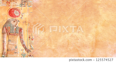 Horizontal background with ancient Egyptian-inspired colorful wall painting that evokes atmosphere of Egypt. Backdrop with figure of god Horus, creating a sense of grandeur and regality. Copy space 125574527