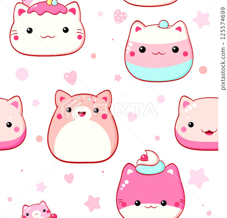 Seamless pattern with traditional Chinese cat-shaped mantou buns. Cute print in kawaii style. Endless texture can be used for textile pattern fills, t-shirt design, web page background. Vector EPS8 Seamless pattern with traditional Chinese cat-shaped mantou buns. Cute print in kawaii style. Endless texture can be used for textile pattern fills, t-shirt design, web page background. Vector EPS8 125574699