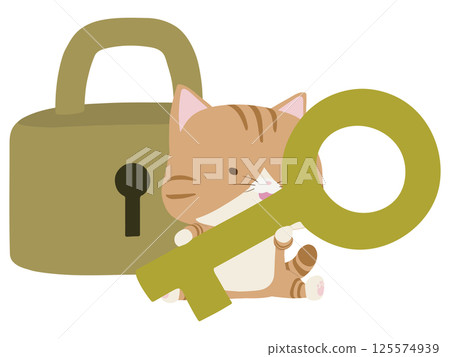Smiling brown tabby cat holding a key in front of a padlock 125574939