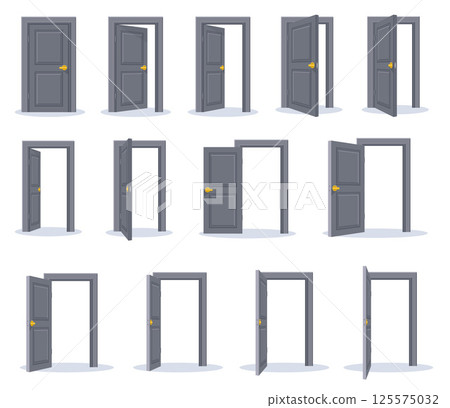 Open Door Sequence Icons. Modern Gray Doors Set 125575032