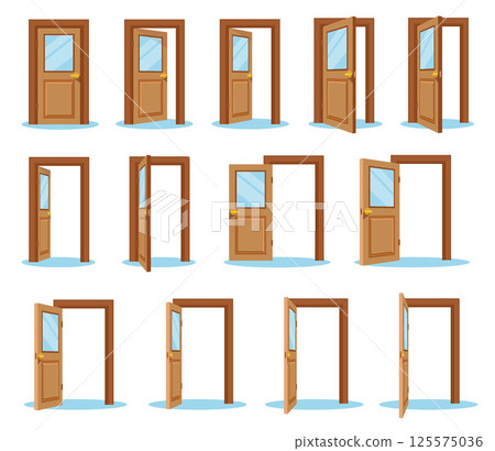 Open Door Sequence Icons. Wooden Glass Doors Set, Entrance and Exit Collection 125575036