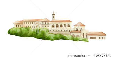Watercolor Jaffa architecture in Tel Aviv hand drawn illustration isolated on white. Ancient Mediterranean buildings landscape with trees. Urban Italian old town landscape clip art 125575189