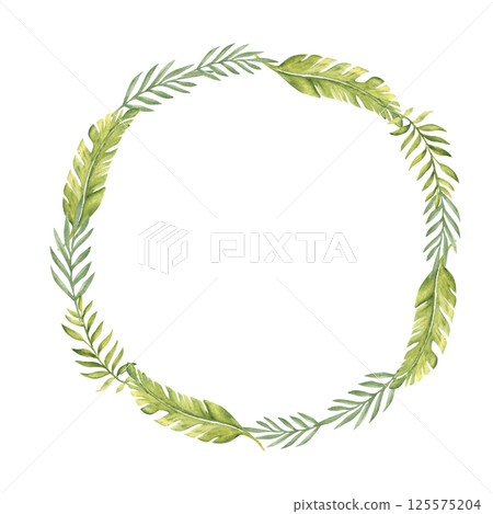 Tropical Leaves Wreath. Circle frame, border. Eucalyptus and Banana Palm. Watercolor Hand drawn botanical illustration isolated on white background. For cards, invitations and logos. Tropical Leaves Wreath. Circle frame, border. Eucalyptus and Banana Palm. Watercolor Hand drawn botanical illustration isolated on white background. For cards, invitations and logos. 125575204