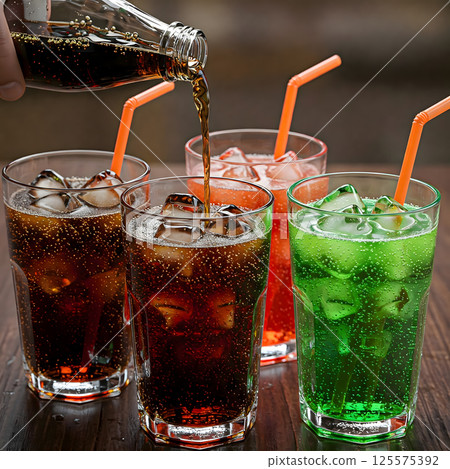 Four glasses filled with colorful fizzy drinks, each with ice cubes and straw, are arranged on wooden table. drinks are being poured, creating refreshing and lively scene Four glasses filled with colorful fizzy drinks, each with ice cubes and straw, are arranged on wooden table. drinks are being poured, creating refreshing and lively scene 125575392