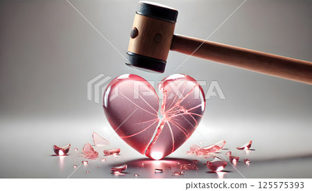 Hammer is poised to break glass heart, symbolizing heartbreak and fragility. shattered pieces reflect emotional turmoil and vulnerability, creating dramatic and poignant scene 125575393