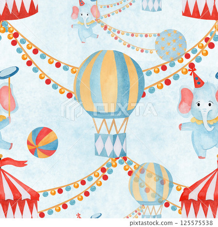 Watercolor seamless pattern hand drawn circus illustration featuring elephants, balloons and colorful decoration on blue backgrounds. For stationery designs, wallpaper nursery, invitations, scrapbook 125575538