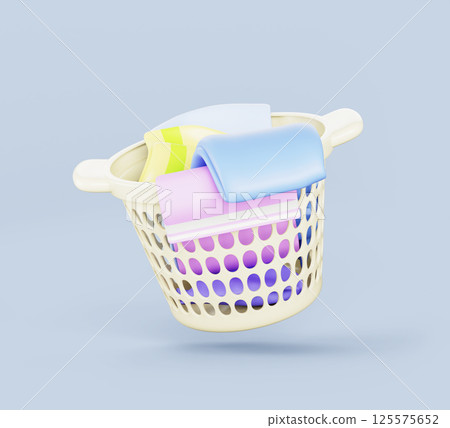 3d laundry basket with dirty clothes for bathroom storage. White plastic basin with washed linen pile of color towels and bedding isolated on blue background. Render realistic icon. 3D illustration 3d laundry basket with dirty clothes for bathroom storage. White plastic basin with washed linen pile of color towels and bedding isolated on blue background. Render realistic icon. 3D illustration 125575652