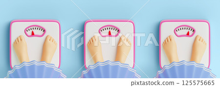 Women legs on scale top view, measure weight animation with moving arrows sequence. Girl feet with underweight, normal and overweight indicators. Female on diet isolated 3d render set. 3D illustration Women legs on scale top view, measure weight animation with moving arrows sequence. Girl feet with underweight, normal and overweight indicators. Female on diet isolated 3d render set. 3D illustration 125575665