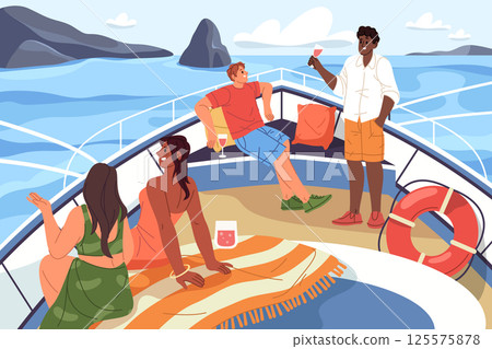 People sailing on yacht or at cruise boat. Vector ocean or sea adventure, water party. Friends marine or nautical travel, coastline tourism. Holiday and relaxation on ship deck. Vacation leisure. People sailing on yacht or at cruise boat. Vector ocean or sea adventure, water party. Friends marine or nautical travel, coastline tourism. Holiday and relaxation on ship deck. Vacation leisure. 125575878