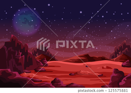 Mars landscape background or martian surface. Vector terrain of red plant. Scenic extraterrestrial backdrop with barren land and crater. Cosmic research and solar system exploration, space mission. Mars landscape background or martian surface. Vector terrain of red plant. Scenic extraterrestrial backdrop with barren land and crater. Cosmic research and solar system exploration, space mission. 125575881