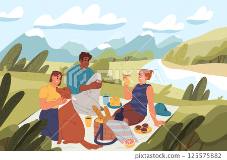 Family picnic outdoor. Vector isolated illustration. Man and woman with dog at nature with food and drink. Friends enjoying meal with snacks together on blanket at summer. Scenic countryside meadow. Family picnic outdoor. Vector isolated illustration. Man and woman with dog at nature with food and drink. Friends enjoying meal with snacks together on blanket at summer. Scenic countryside meadow. 125575882