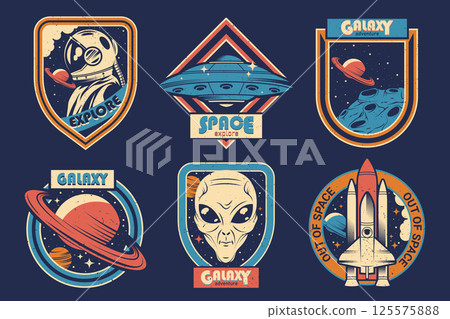 Set of space label or cosmic exploration patch. Vector cosmos insignia with shuttle and suit, helmet and alien, ufo and shuttle, spaceship or rocket. Galaxy symbol or universe emblem, celestial badge 125575888