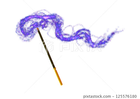 Realistic magic wand and and enchanted blue lights. Multicolored glowing plume of smoke, black abstract tansparent effect. Cartoon sorcery stick isolated. Celebration symbol. Png 125576180