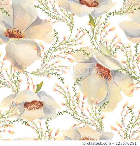 Watercolor pattern with white anemones, delicate greenery and small meadow flowers isolated on white. Hand painted floral repeat background neutral colors for textile, gift wrap, spring themed fabric. Watercolor pattern with white anemones, delicate greenery and small meadow flowers isolated on white. Hand painted floral repeat background neutral colors for textile, gift wrap, spring themed fabric. 125576251