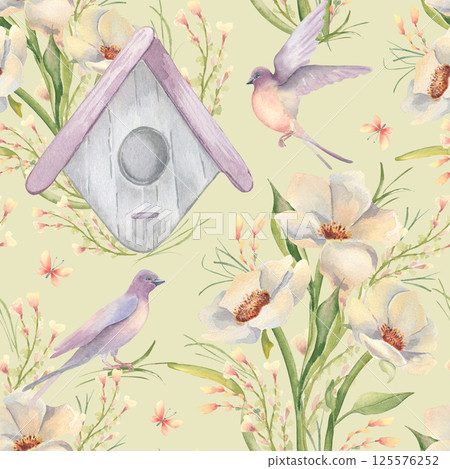Seamless pattern with watercolor birdhouse, creamy poppies, and flying swallows in soft pastel tones isolated. Hand drawn floral and bird design for nursery prints, fabric, and spring stationery. 125576252
