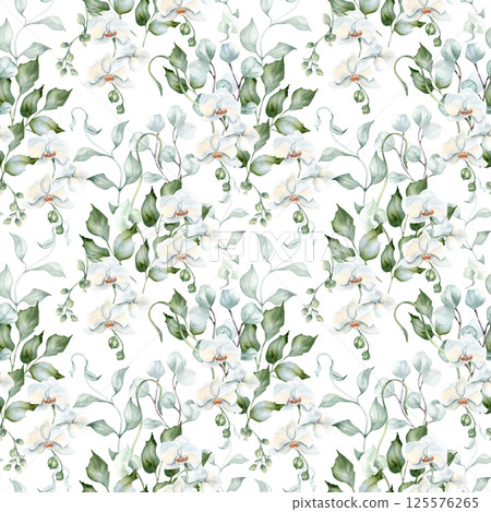 Pastel floral pattern with white orchids, holly, and eucalyptus hand painted. Soft neutral flowing branches on delicate botanical seamless background for fabric, wedding invitations, botany prints. Pastel floral pattern with white orchids, holly, and eucalyptus hand painted. Soft neutral flowing branches on delicate botanical seamless background for fabric, wedding invitations, botany prints. 125576265
