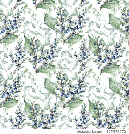 Juniper branches and plants in soft sage green delicate watercolor seamless pattern isolated. Foliage hand drawn repeated background for fabric, invitations, and home decor. Elegant botanical design. 125576270