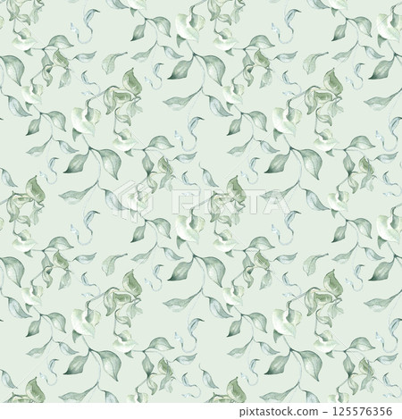 Vines and delicate leaves on repeating botanical pattern of watercolor isolated. Greenery in soft sage tones seamless background for wrapping paper, fabric, wallpaper, and elegant nature designs. Vines and delicate leaves on repeating botanical pattern of watercolor isolated. Greenery in soft sage tones seamless background for wrapping paper, fabric, wallpaper, and elegant nature designs. 125576356