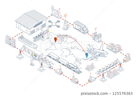 Global logistics network. 3D isometric scenes showing export-import operations via air, road, rail, and cargo services. Global logistics network. 3D isometric scenes showing export-import operations via air, road, rail, and cargo services. 125576363