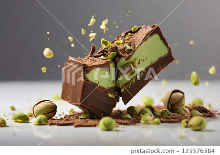 Dubai chocolate broken into two halves in the air isolated on white background. Dubai chocolate is made with pistachio paste and kadayif 125576384