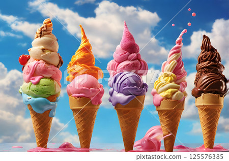 Indulge in a visual feast of flying ice cream scoops, each one a unique blend of colors and textures, playfully dancing in the air above a lively and colorful background. 125576385