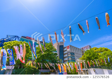 Yokohama cityscape in Japan - View of carp streamers in front of the subway "Center Minami Station" 125576526