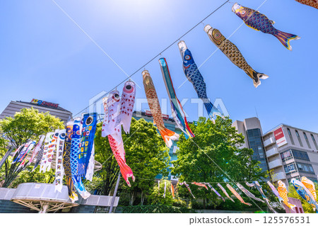 Yokohama cityscape in Japan - View of carp streamers in front of the subway "Center Minami Station" 125576531
