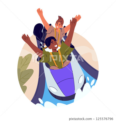 People at water slides seat vector illustration. Cartoon riders enjoying water slide at amusement park, splashing down tubes and slippery tracks. Holiday and outdoor recreation. Aqua zone attraction. 125576796