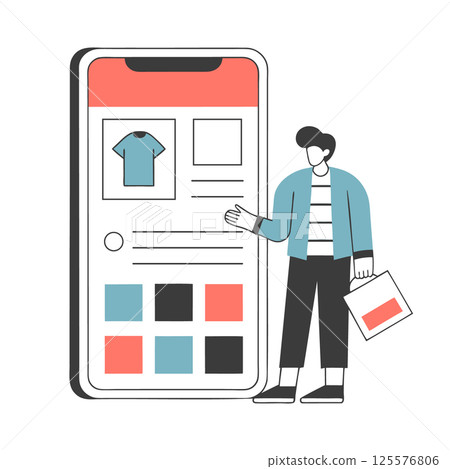 Man shopping online using a smartphone app. Online shopping concept. Minimalist illustration. Man shopping online using a smartphone app. Online shopping concept. Minimalist illustration. 125576806