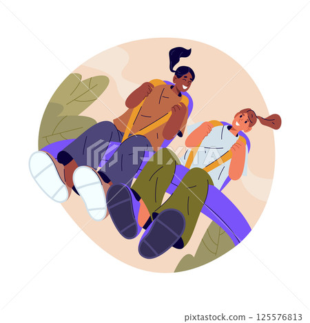 Vector people at roller coaster seat. Amusement park carousel or entertainment outdoor attraction for holiday adventure. Carnival recreation or festive action. Excitement and speed track. Fast motion. 125576813