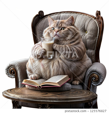 Fat huge red cat sitting in a chair drinking cocoa 125576827
