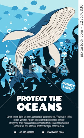 Flat Style Whale Illustration for World Oceans Day. Vertical Social Media Template Supporting Marine Life Protection. Vertical Vector Illustration for Eco Awareness Campaigns. Flat Style Whale Illustration for World Oceans Day. Vertical Social Media Template Supporting Marine Life Protection. Vertical Vector Illustration for Eco Awareness Campaigns. 125576830