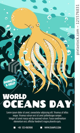 World Oceans Day Story Template. Banner with a Yellow Octopus Design for Social Media. Help Protect Our Oceans. Vertical Vector Illustration for Eco Campaigns 125576831