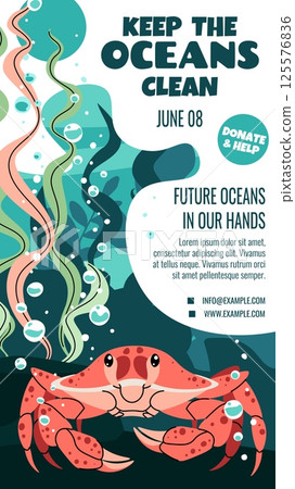 World Oceans Day Story Template. Banner with Crab and Seaweed for Ocean Protection. Support Marine Conservation. Vertical Vector Illustration for Social Media. World Oceans Day Story Template. Banner with Crab and Seaweed for Ocean Protection. Support Marine Conservation. Vertical Vector Illustration for Social Media. 125576836