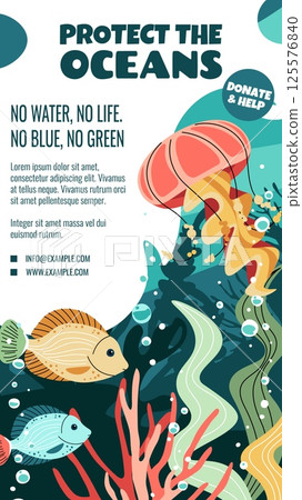 World Oceans Day Story Template. Banner with jellyfish, tropical fish and Seaweed for Ocean Protection. Support Marine Conservation. Vertical Vector Illustration for Social Media 125576840
