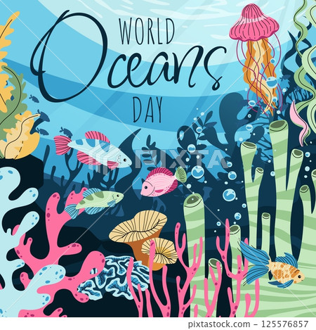 World Oceans Day Square Illustration. Flat Underwater Scene with Coral, Seaweed, Tropical Fish and Jellyfish. Perfect for Greeting Cards, Postcards, banners,Social Media and Eco Campaigns. World Oceans Day Square Illustration. Flat Underwater Scene with Coral, Seaweed, Tropical Fish and Jellyfish. Perfect for Greeting Cards, Postcards, banners,Social Media and Eco Campaigns. 125576857