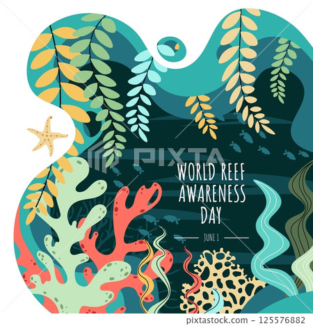 World Reef Day Square Banner Featuring Coral Reef and Seaweed for Marine Conservation Awareness. Perfect for Social Media Posts and Environmental Campaigns. Vector Illustration. 125576882