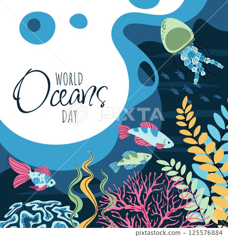 World Oceans Day Square Banner. Flat Design Underwater Scene with Coral, Seaweed, Fish and Jellyfish. Marine Conservation Vector Illustration for Social Media, Posters and Eco Campaigns. 125576884
