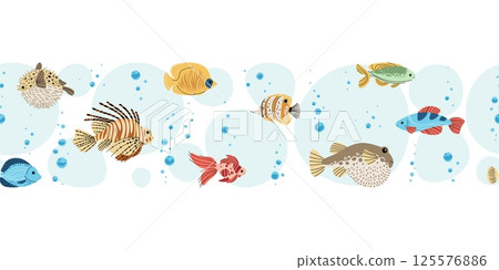 Seamless Horizontal Border with tropical fish and Bubbles. Underwater Ocean Pattern for Scrapbooking, Fabric Printing and Stationery Design. Repeatable Vector Illustration. Seamless Horizontal Border with tropical fish and Bubbles. Underwater Ocean Pattern for Scrapbooking, Fabric Printing and Stationery Design. Repeatable Vector Illustration. 125576886