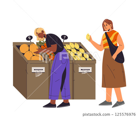 Women buy fruits at grocery store or food shop. Vector female purchase melon and lemon at market counter. Vegetarian or vegan section at supermarket with organic and healthy groceries. Nutrition. Women buy fruits at grocery store or food shop. Vector female purchase melon and lemon at market counter. Vegetarian or vegan section at supermarket with organic and healthy groceries. Nutrition. 125576976