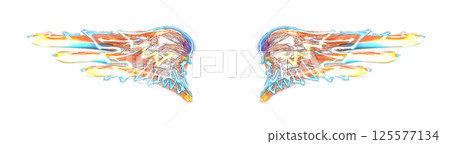 Transparent, luminous, iridescent wings. Abstract glowing stylized wings, isolated. Neon glow wing. png 125577134