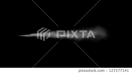 A realistic horizontal trail of light gray smoke with soft dispersion, isolated, useful for visual effects, design, or simulation elements A realistic horizontal trail of light gray smoke with soft dispersion, isolated, useful for visual effects, design, or simulation elements 125577141