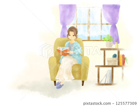 放鬆的女人在窗邊看書 125577309