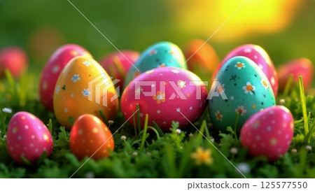 Colorful collection of Easter eggs nestled in lush green grass, surrounded by delicate daisies, vibrant flowers, capturing joyful essence of spring, holiday celebrations. Perfect for greeting cards. Colorful collection of Easter eggs nestled in lush green grass, surrounded by delicate daisies, vibrant flowers, capturing joyful essence of spring, holiday celebrations. Perfect for greeting cards. 125577550