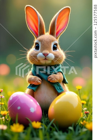Sweet bunny posing with pastel-colored eggs at sunny meadow, accentuated by blooming flowers. This delightful image embodies Easter spirit, making it perfect for greeting cards and seasonal decor. Sweet bunny posing with pastel-colored eggs at sunny meadow, accentuated by blooming flowers. This delightful image embodies Easter spirit, making it perfect for greeting cards and seasonal decor. 125577588