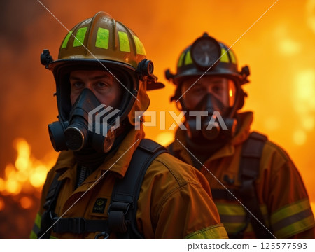 Professional firefighter help their partner through the process of adjusting and fine tuning their gear ensuring it is tailored to their specific needs. Creative Banner. Copyspace image 125577593
