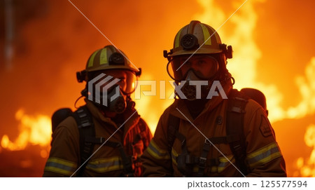 Professional firefighter help their partner through the process of adjusting and fine tuning their gear ensuring it is tailored to their specific needs. Creative Banner. Copyspace image 125577594