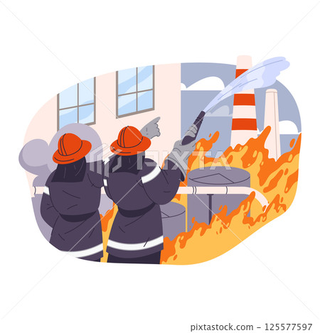 Fireman extinguishing plant or enterprise fire. Industrial firefighting scene. Vector illustration. Firefighter with hose controlling flames and smoke at factory. Hazard management, industry security. 125577597