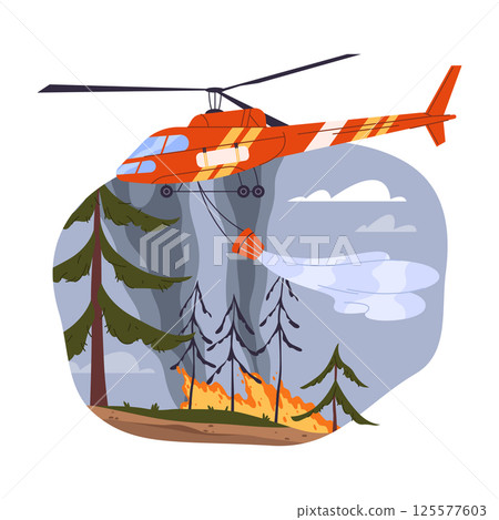 Vector helicopter extinguishing forest fire. Aerial firefighting in wood. Aircraft release water over blazing trees. Emergency fire suppression. Flames and aviation. Environment protection and hazard. 125577603
